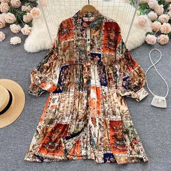 RUGOD Платье-рубашка с рукавами-фонариками в европейском и американском стиле в стиле ретро, весеннее свободное однобортное большое свободное платье с воротником-поло