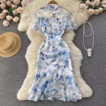 RUGOD платье с французским цветочным принтом, женское летнее новое элегантное шифоновое платье с тонкой талией и рюшами «рыбий хвост»