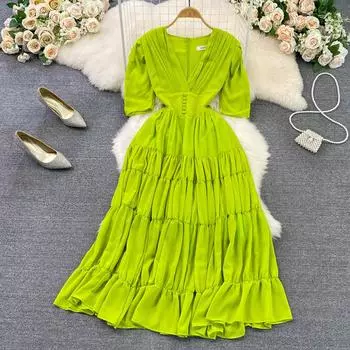 RUGOD Платье с колокольчиком Платье First Love Летняя корейская версия с v-образным вырезом и высокой талией, с короткими рукавами и талией, свободное платье трапециевидной формы