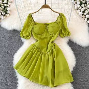 RUGOD Платье с короткими рукавами и квадратным вырезом, летнее сексуальное и тонкое пышное короткое платье трапециевидной формы в стиле ретро с талией S чёрный