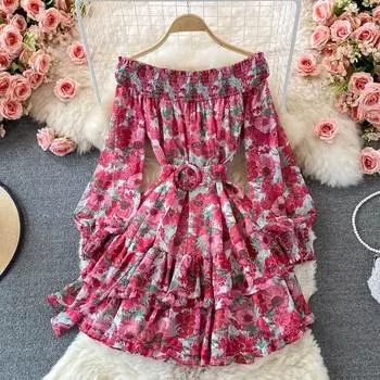 RUGOD Платье с открытыми плечами и цветочным принтом, раннее осеннее платье с длинными рукавами и пышными рукавами на талии, тонкое платье для торта, платье First Love