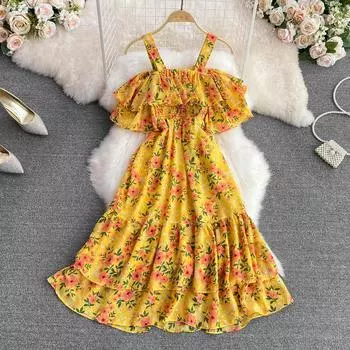 RUGOD Платье с подтяжками и топом на морском побережье, праздничное пляжное платье, утягивающее талию, без рукавов и с открытой спиной, шифоновое платье с оборками и цветочным принтом One Size