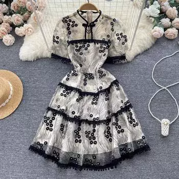 RUGOD платье с пышными рукавами, осеннее женское платье трапециевидной формы с вышивкой на талии