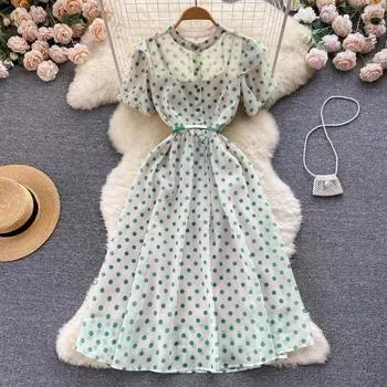 RUGOD платье с пышными рукавами в горошек, осеннее женское облегающее длинное платье с талией для отдыха на берегу моря