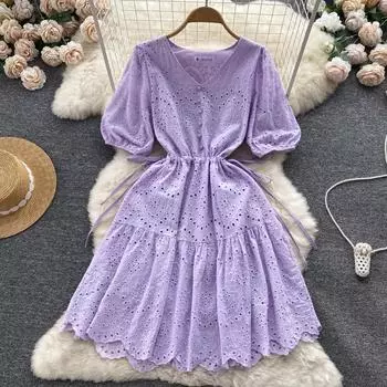 RUGOD платье с v-образным вырезом и пышными рукавами, новое летнее женское платье для отдыха на берегу моря с талией First Love Dress One Size синий