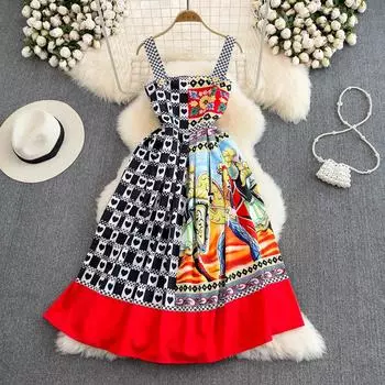 RUGOD Платье-топ с открытой спиной на подтяжках, модное, темпераментное, в тон покерного принта, с высокой талией, тонкое свободное платье трапециевидной формы S красный