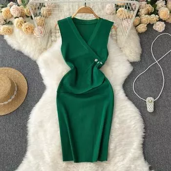 RUGOD Платье-жилет без рукавов Осеннее женское облегающее вязаное черное платье на талии