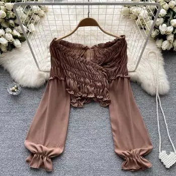 RUGOD плиссированная рубашка на одно плечо, осенняя женская винтажная короткая белая рубашка с длинными рукавами