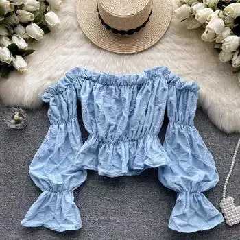 RUGOD Плиссированная рубашка с расклешенными рукавами и открытыми плечами One Size синий