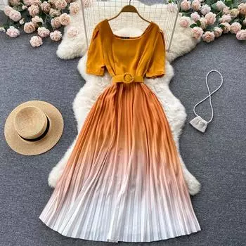 RUGOD плиссированное платье градиентного цвета, женское летнее, новая версия, с высокой талией, для похудения, универсальное модное длинное платье трапециевидной формы One Size