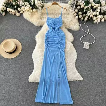 RUGOD плиссированное платье на подтяжках, осеннее женское платье с разрезом на талии, длинное платье на бедрах