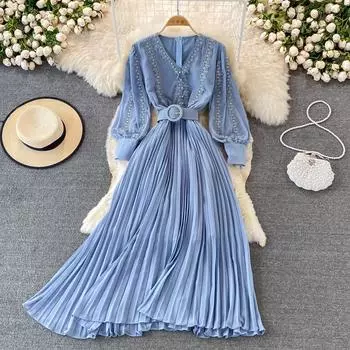 RUGOD плиссированное платье в этническом стиле для отдыха и путешествий с v-образным вырезом и вышивкой на талии, темпераментное большое распашное платье One Size чёрный