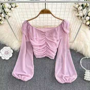 RUGOD Плиссированный топ на одно плечо в западном стиле с оборками. Женственная тонкая облегающая шифоновая рубашка с открытыми плечами и длинными рукавами.