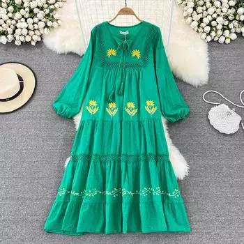 RUGOD Пляжное платье для морского курорта Ретро с v-образным вырезом и вышивкой Свободное платье трапециевидной формы с длинными рукавами Элегантное большое длинное свободное платье