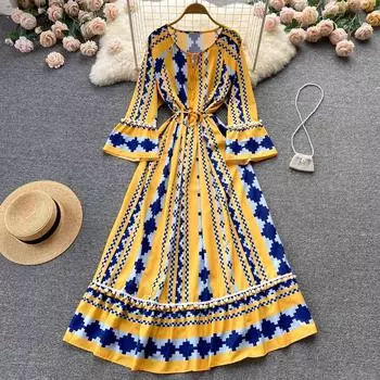 RUGOD Пляжное платье в богемном курортном стиле с круглым вырезом и расклешенными рукавами, свободное платье с рюшами в европейском и американском стиле, большое длинное свободное платье