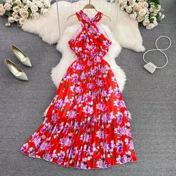 RUGOD Пляжное праздничное пляжное платье на подтяжках с цветочным принтом, элегантное длинное платье без рукавов с тонкой талией, большое свободное летнее платье One Size чёрный