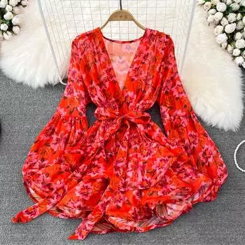 RUGOD Пляжное праздничное пляжное платье в европейском и американском стиле в стиле ретро, шифоновое платье с v-образным вырезом на талии, галстуком-бабочкой и рукавами-фонариками One Size синий