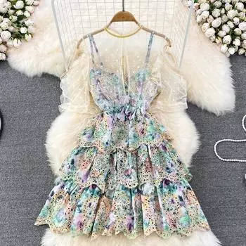 RUGOD Полое платье феи с вышивкой в форме буквы А, летнее платье с круглым вырезом и сетчатым принтом, с высокой талией, женское платье для торта