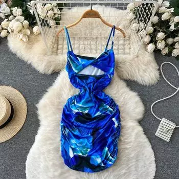 RUGOD Полое платье на подтяжках с принтом, летнее женское платье с плиссированной сумкой на талии и бедрами