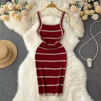 RUGOD полосатое платье на подтяжках контрастного цвета, летнее женское трикотажное платье с тонкой талией и бедрами