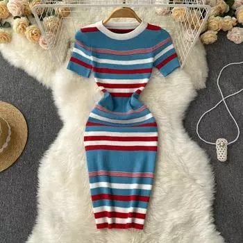 RUGOD полосатое вязаное тонкое платье с короткими рукавами, женское осеннее новое платье с талией и тонкой упаковкой на бедрах