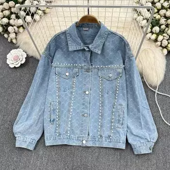 RUGOD Повседневная джинсовая куртка с бисером женская осень 2022 г. Новая свободная короткая куртка