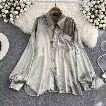 RUGOD Повседневная солнцезащитная рубашка женская с длинными рукавами осенняя свободная однотонная модная универсальная корейская версия рубашка средней длины топ One Size чёрный