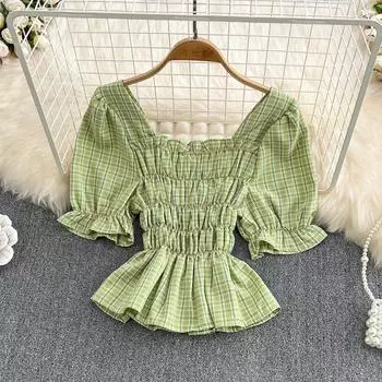 RUGOD Повседневная темпераментная плиссированная клетчатая рубашка с квадратным вырезом и рукавами-пузырьками, женская летняя новая французская тонкая короткая рубашка с пупком