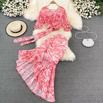 RUGOD повседневный костюм, женская короткая шифоновая рубашка с v-образным вырезом и бантом, комплект из двух предметов, платье средней длины с высокой талией и запахом «рыбий хвост»