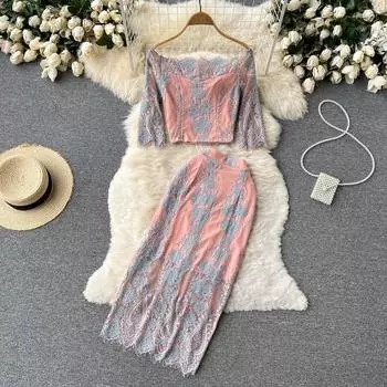 RUGOD Праздничный стиль, кружевной вышивка, легкий костюм для взрослых, женский иностранный стиль, короткий топ с воротником из одного слова, юбка с высокой талией, комплект из двух предметов