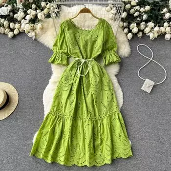 RUGOD Праздничный стиль Ретро темперамент с круглым вырезом и пузырьками с короткими рукавами и полой вышивкой с завязкой на талии, большое свободное платье средней длины для женщин