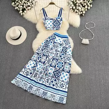RUGOD Приморский отпуск Модный костюм Женский принт Camisole Две части Высокая талия Средняя длина A-line Юбка