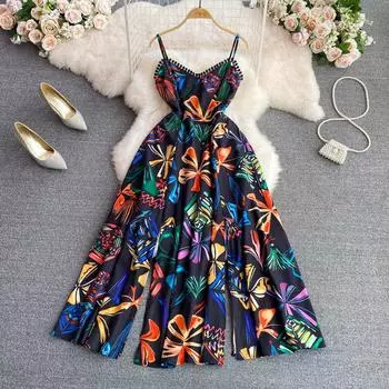 RUGOD Приморское платье на подтяжках для отдыха и путешествий, платье трапециевидной формы с тонким разрезом на талии во французском стиле ретро S