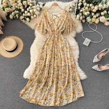 RUGOD Приморское праздничное платье женское, лето 2022, новое сексуальное тонкое длинное шифоновое пляжное платье с v-образным вырезом длиной до талии One Size бежевый