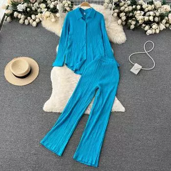 RUGOD Профессиональный костюм, женский повседневный комплект из двух предметов, свободная рубашка с длинными рукавами + широкие длинные брюки с высокой талией