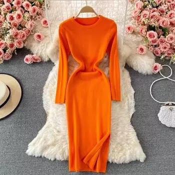 RUGOD пуловер с круглым вырезом, эластичное трикотажное платье на бедрах с длинными рукавами, женское осенне-зимнее облегающее облегающее платье One Size бежевый