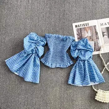 RUGOD Пуловер с принтом французского алфавита на одно плечо и расклешенными рукавами, пуловер с открытыми плечами, шикарный короткий топ в стиле вестерн, лето One Size чёрный