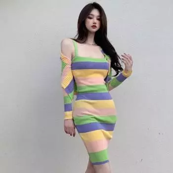 RUGOD ягодицы сексуальное радужное тонкое платье на бретельках в полоску с высокой талией и цветными блоками универсальный вязаный кардиган женский костюм One Size