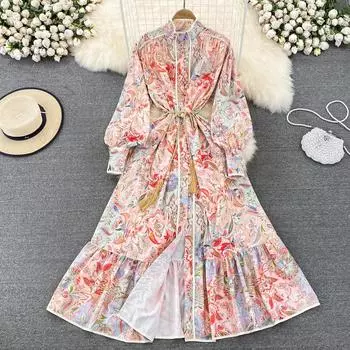 RUGOD Ранняя осень, австралийское женское темпераментное однобортное платье трапециевидной формы с воротником-стойкой и принтом на талии, элегантное большое свободное платье