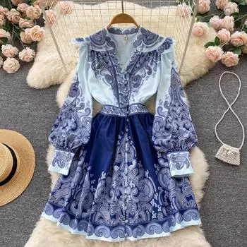 RUGOD ранняя весна новое корейское женское французское романтическое платье с длинными рукавами и цветочным принтом с v-образным вырезом праздничное платье