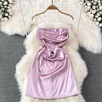 RUGOD Ретро ацетатное атласное платье на подтяжках, лето 2022, новое облегающее и тонкое плиссированное короткое платье без рукавов на бедрах