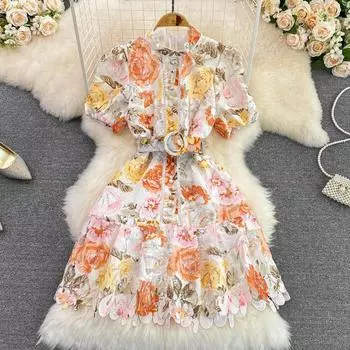 RUGOD Ретро австралийское нишевое приморское отпускное кружевное платье трапециевидной формы с воротником-стойкой и короткими рукавами, летнее кружевное платье трапециевидной формы