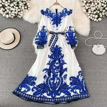 RUGOD Ретро дворцовый стиль, элитное платье трапециевидной формы с круглым вырезом и талией, элегантное темпераментное длинное платье с круглым вырезом One Size синий