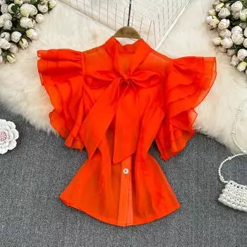 RUGOD Ретро Дворцовый стиль, милая шифоновая рубашка с галстуком-бабочкой, женская летняя новая рубашка с рукавами в виде листьев лотоса, топ в иностранном стиле One Size зелёный