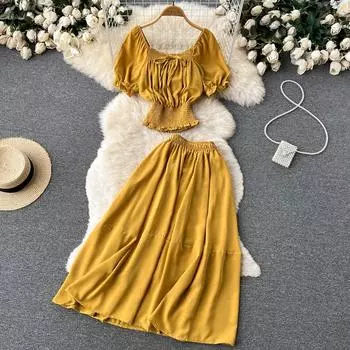 RUGOD Ретро французский нишевый квадратный воротник с пышными рукавами и талией, темпераментный топ, юбка с высокой талией, корейский модный костюм из двух предметов