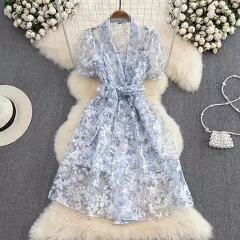 RUGOD Ретро Французское платье первой любви Темпераментный костюм богини с воротником на талии Тонкое платье трапециевидной формы из органзы