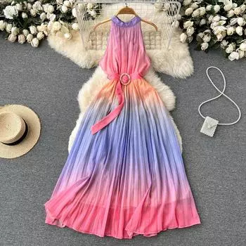 RUGOD Ретро-градиентное платье с лямкой на шее, женская летняя юбка, свободная пляжная юбка большого размера