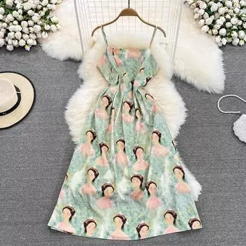 RUGOD Ретро картина маслом с принтом платье на подтяжках летнее темпераментное тонкое утягивающее платье трапециевидной формы с открытой спиной и без рукавов