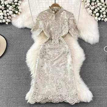 RUGOD Ретро Китайский стиль Улучшенная версия Cheongsam Летнее темпераментное платье-стойка с воротником-стойкой Перспективное тонкое платье трапециевидной формы