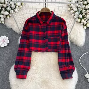 RUGOD Ретро клетчатая куртка-рубашка с длинными рукавами женская осенняя тонкая короткая рубашка с высокой талией в гонконгском стиле Топ
